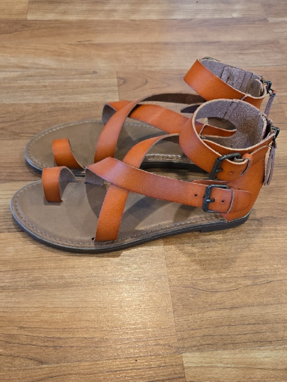 Vibrant Orange/Cognac Criss Cross Split Toe Gladiator Sandals - Picture 2 of 4